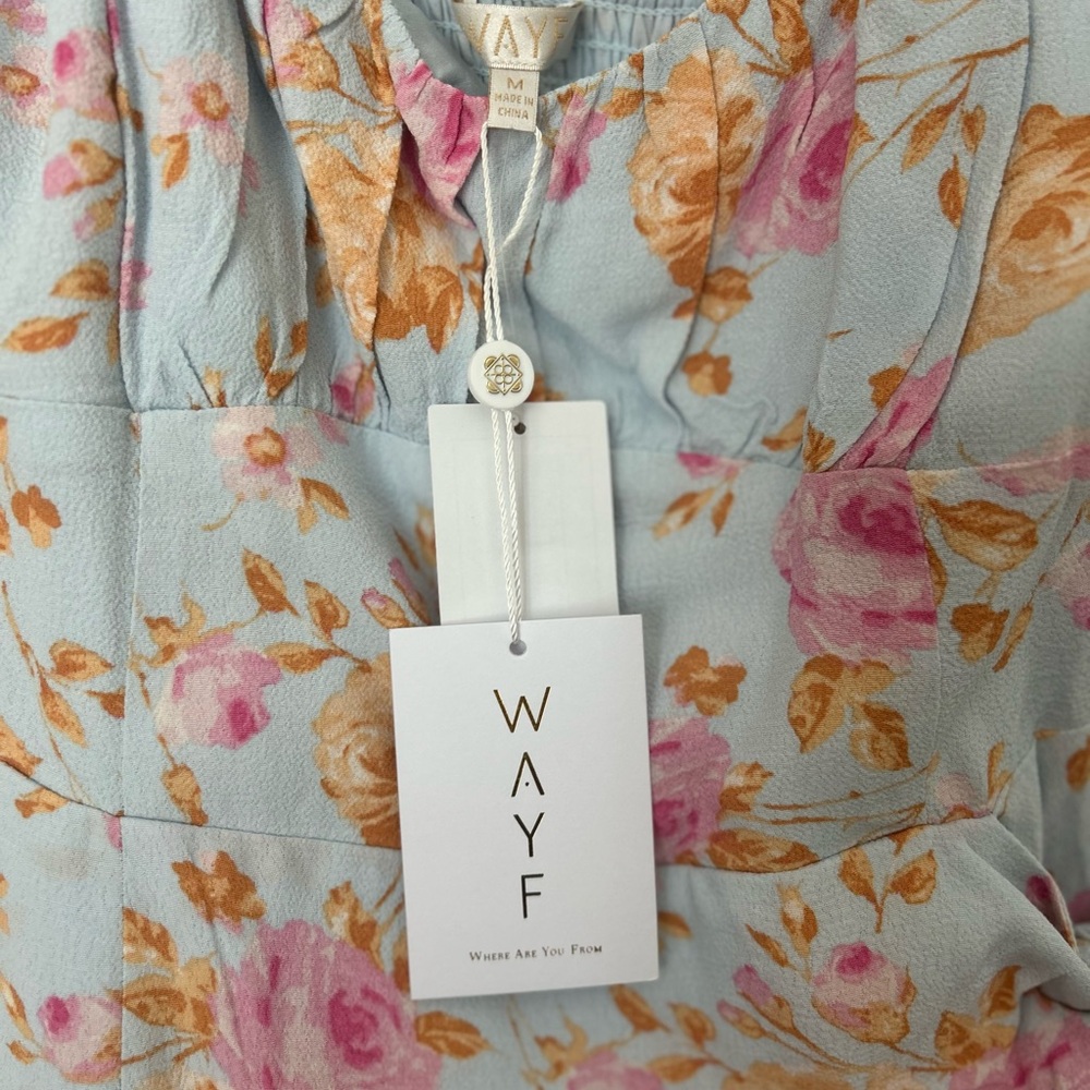 Wayf Blue Dress with Pink and Orange Floral Design. NWT